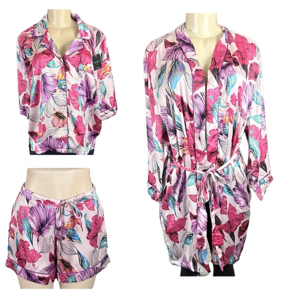 Cynthia Rowley L Floral Satin Sleepwear Pajama 3 Pc Set Kimono Robe Top Shorts